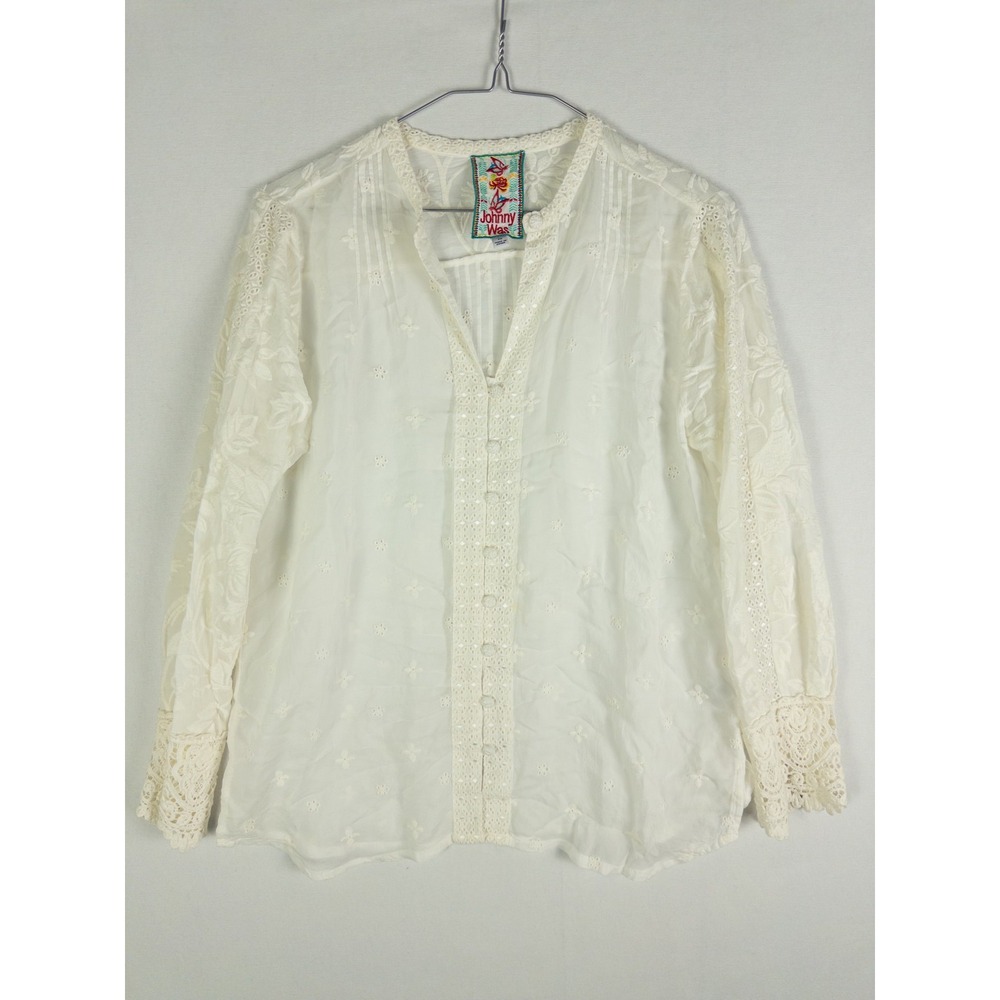 Johnny Was Eyelet Embroidered Button Up Blouse Womens XS Ivory Boho Cottagecor